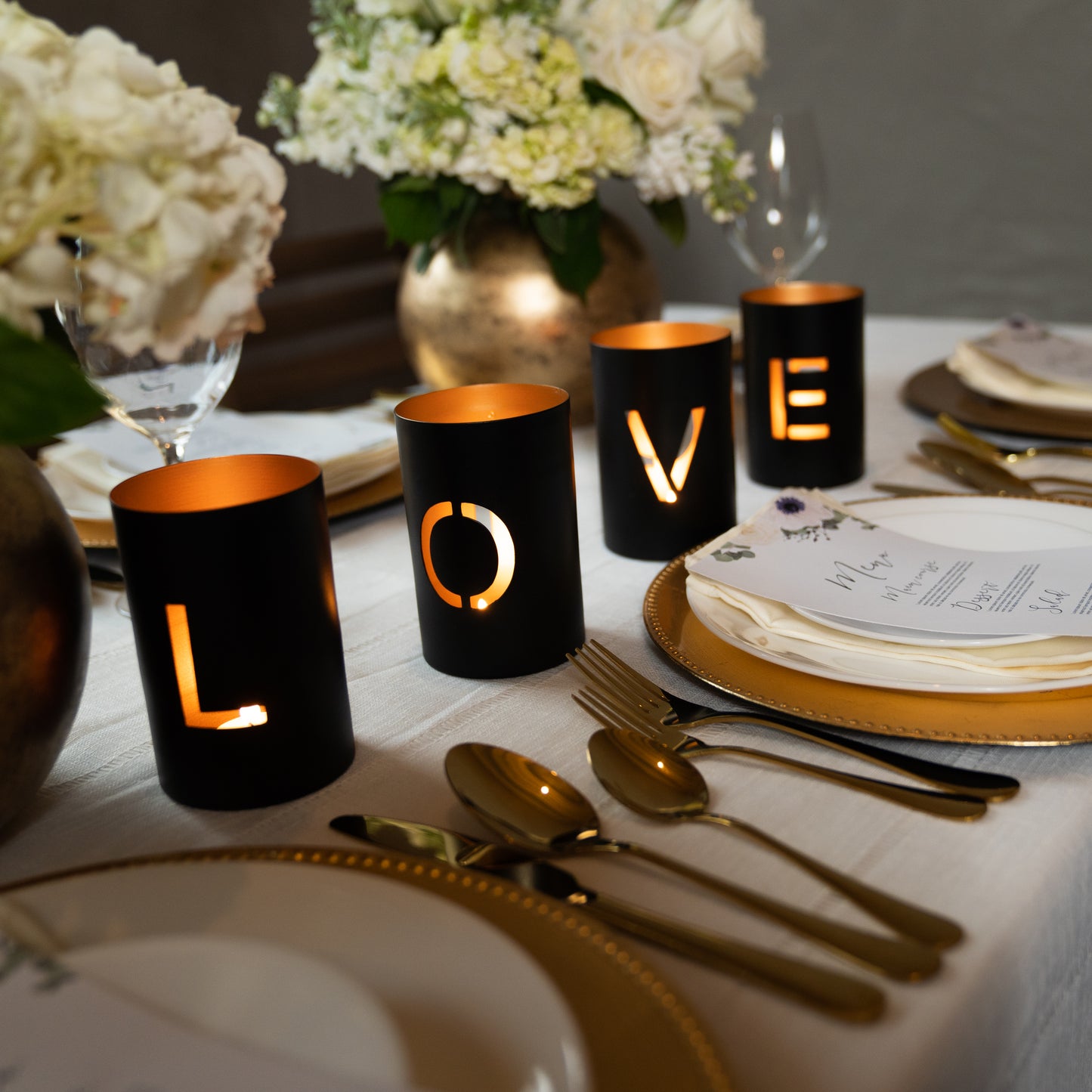 Love - Home Cut Out Black and Gold Metal Tealight Candle Holder set of 4