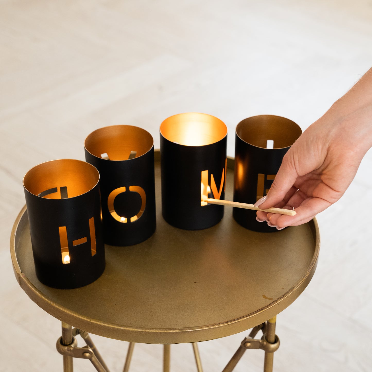 Love - Home Cut Out Black and Gold Metal Tealight Candle Holder set of 4