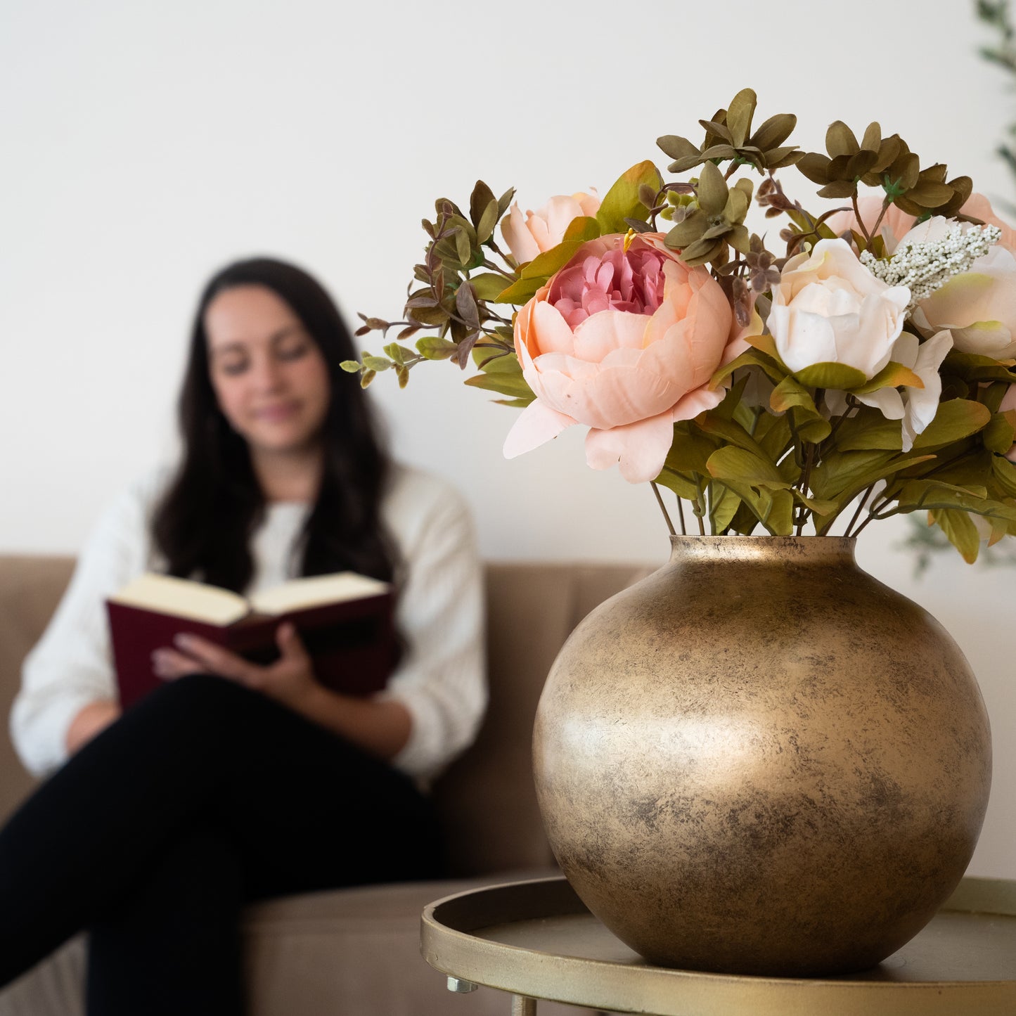 round gold metal flower vase