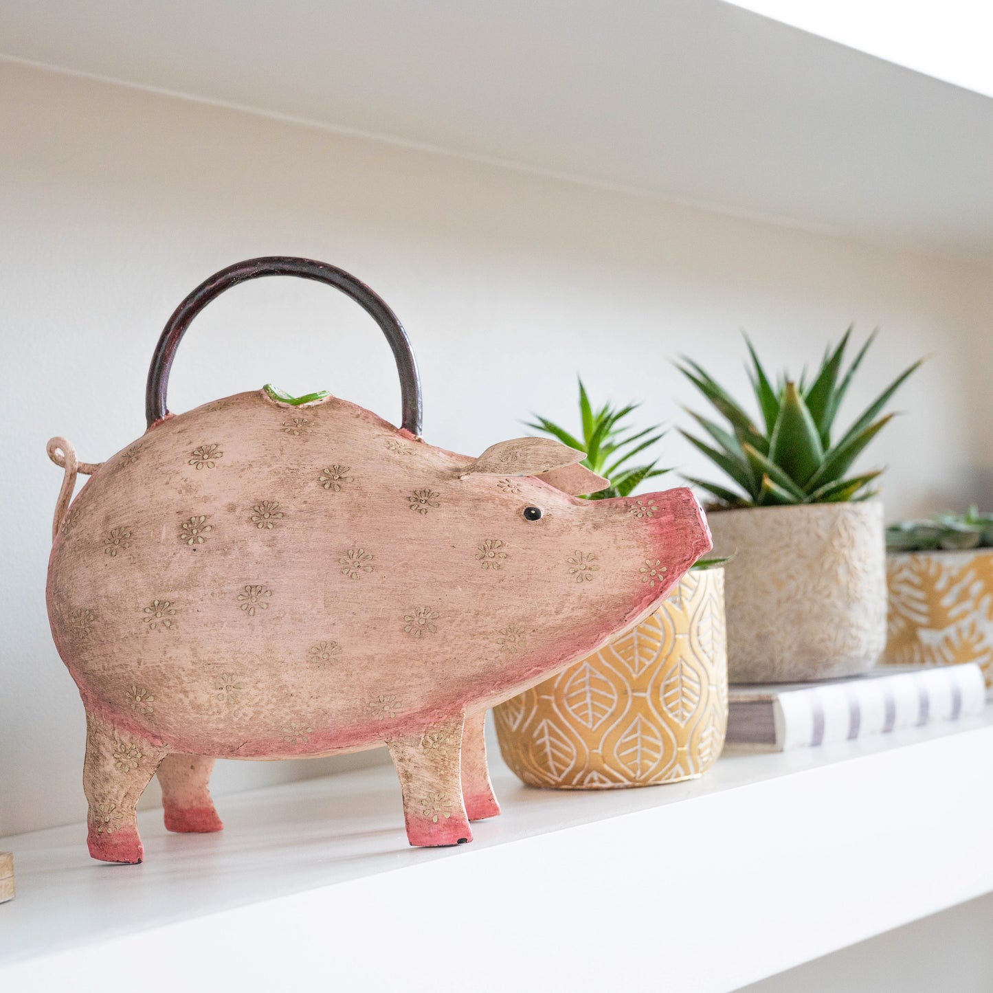 cute metal pink pig watering can for indoor plants