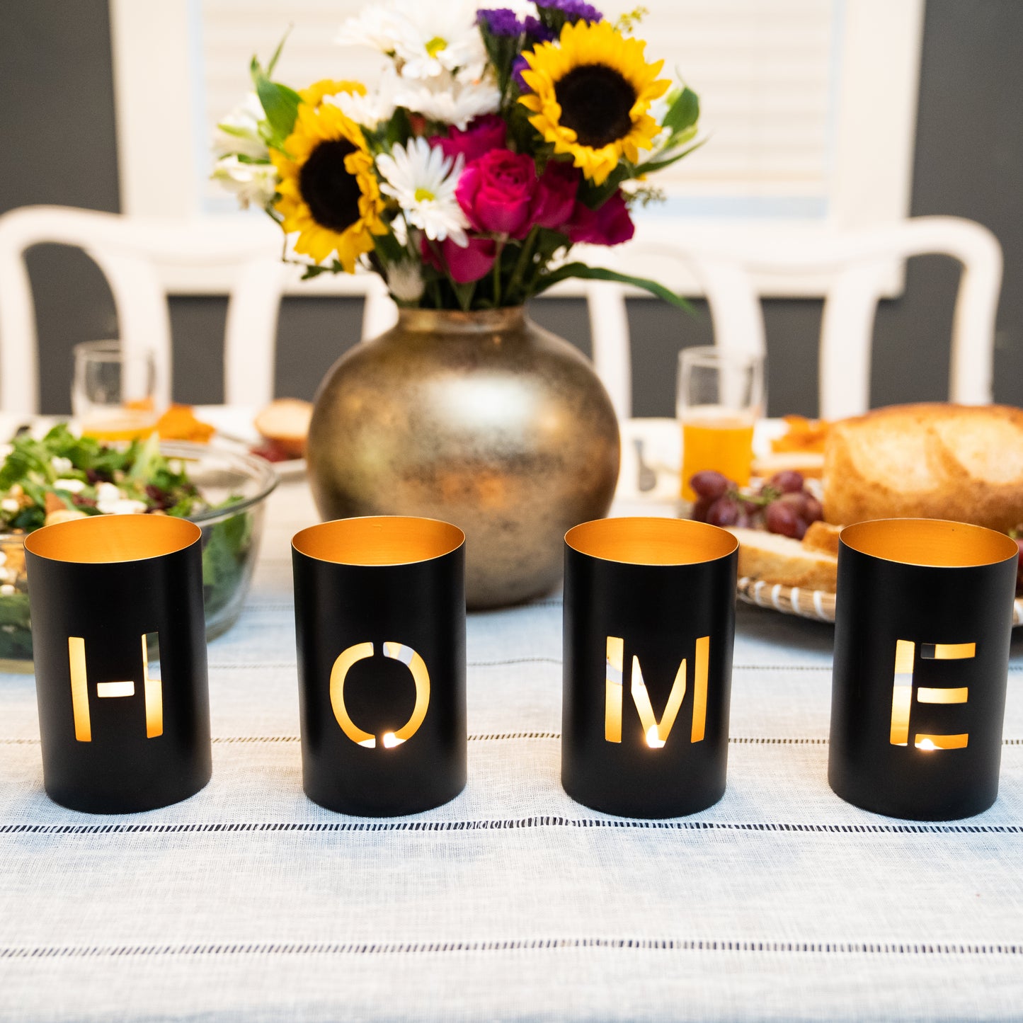 Love - Home Cut Out Black and Gold Metal Tealight Candle Holder set of 4